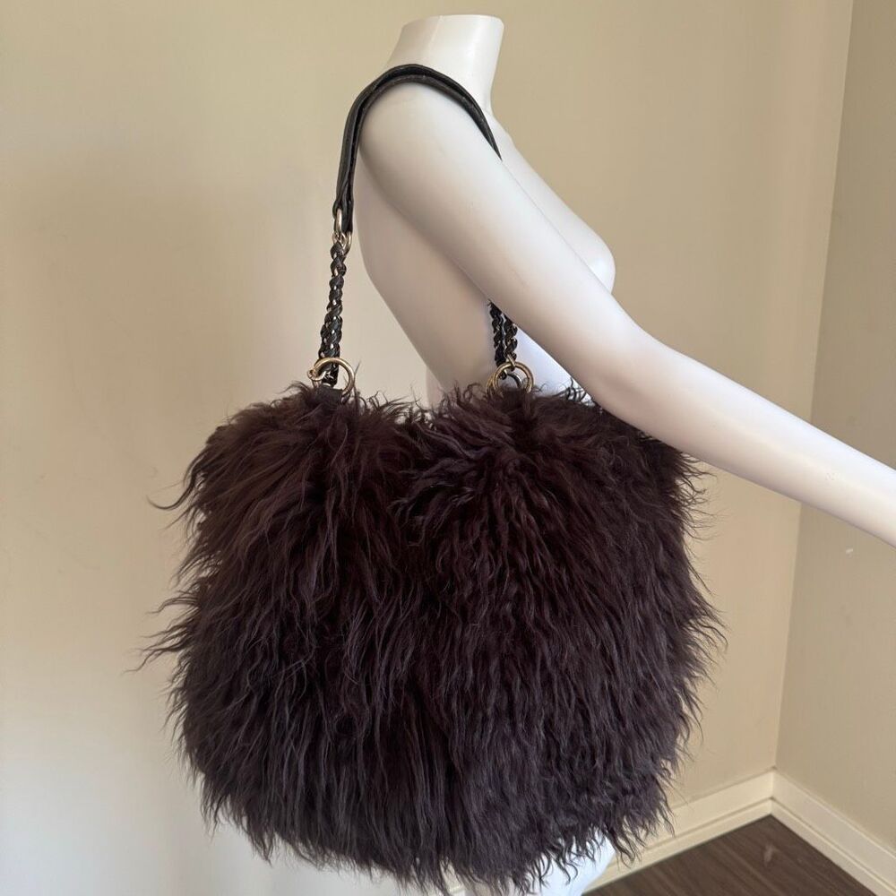 Aqua Madonna Genuine Mongolian Lamb Fur Shaggy Tote Bag - Chocolate Brown Boho
